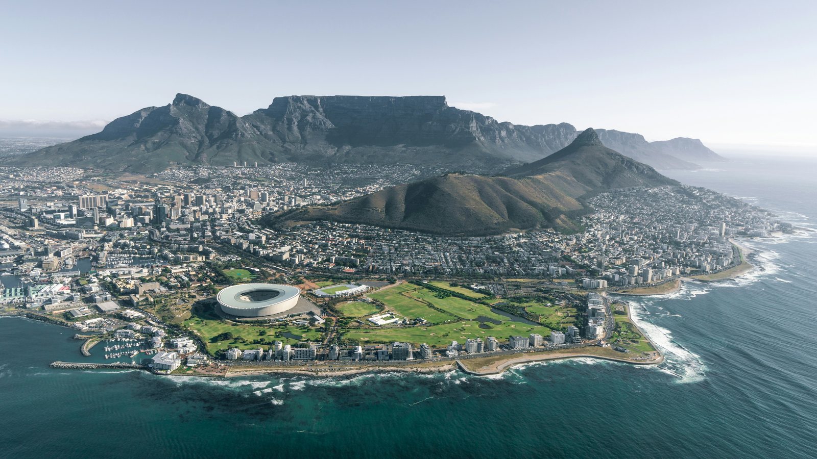 Aerial view of Cape Town with Table Mountain behind the city